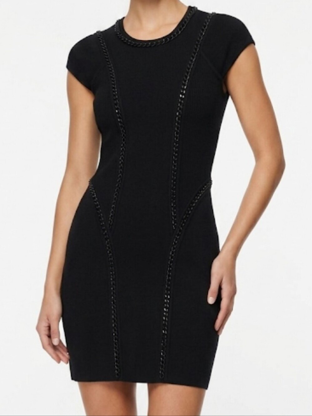 Milly Merino Wool Blend Crew Neck Chain Link Detail Mini Sweater Dress S Black